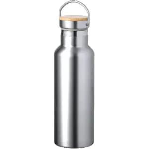 A drink bottle in silver stainless steel with a wooden lid and a metal handle, featuring a logo.