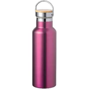A drink bottle in metallic pink with a silver cap and a wooden lid, featuring a handle for portability.