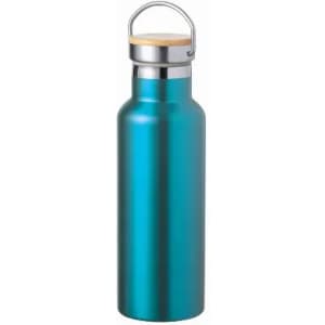 A drink bottle in a bright teal colour with a silver cap and wooden lid. It features a sleek, modern design.