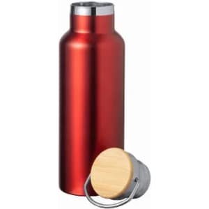 A drink bottle in shiny red with a silver top and a wooden screw cap. It features a logo on the side.
