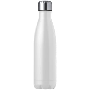 A drink bottle in white with a silver metallic cap and a sleek, modern design. It features a logo on the side.