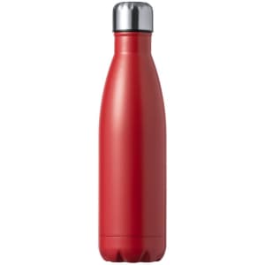 A red drink bottle with a sleek design and a silver cap, featuring a logo on the surface.