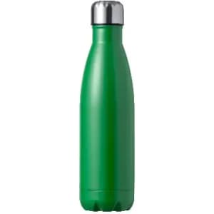 A green drink bottle with a silver cap and a sleek, streamlined design. It features a logo on the surface.