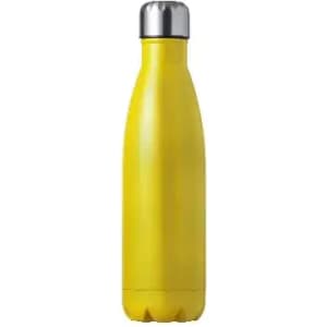 A drink bottle in vibrant yellow with a metallic silver cap and a sleek, smooth design. It features a logo.