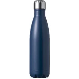 A drink bottle in navy blue with a stainless steel cap and a sleek, tapered design. It features a logo.