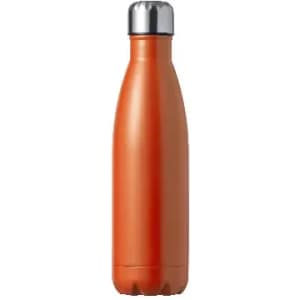 A drink bottle in vibrant orange with a metallic silver lid and a sleek, slender design.