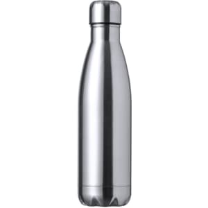 A drink bottle with a sleek, silver stainless steel finish and a rounded design. The bottle has a cap and a logo.
