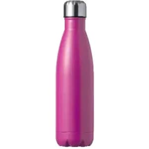 A drink bottle in vibrant pink with a stainless steel cap and a sleek, cylindrical design.