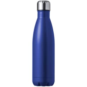 A drink bottle in a vibrant blue colour with a silver lid and a sleek, streamlined design.
