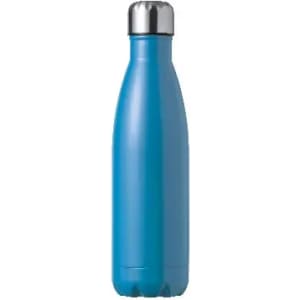 A drink bottle in a bright blue hue with a stainless steel cap and a sleek, slim design.