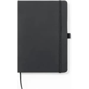 A notebook in sleek black with an elastic band and ribbon bookmark, featuring a simple, minimalist design.