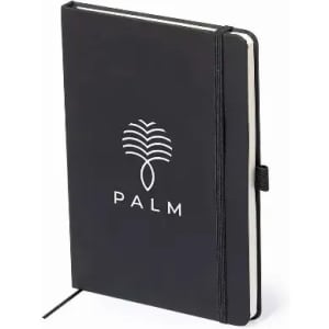 A notebook with a black cover featuring a white tree logo and an elastic band closure. It has blank pages inside.