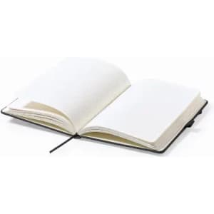 A blank notebook with a black cover, featuring an open layout and cream-coloured pages.