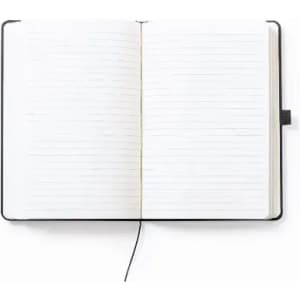 A notebook with a black cover and lined pages, open to display its blank interior and a ribbon bookmark.