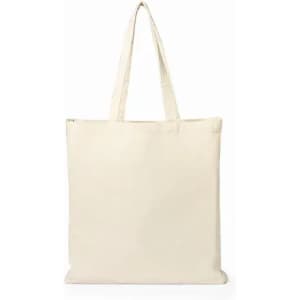 A tote bag in a natural beige colour with two long handles for easy carrying. It features a simple design and no logos.