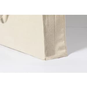 A beige fabric tote bag with a structured base and stitched seams, featuring a simple design and no visible logos.