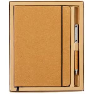 A notebook and pen set in a gift box, featuring a textured gold-coloured notebook and a matching pen.