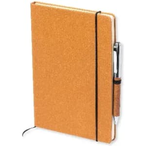 A notebook in a vibrant orange cover with an elastic band and a black pen attached.