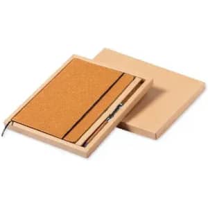 A notebook and pen set in a packaged box. The notebook features a tan cover and a black elastic band.
