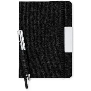 A notebook with a textured black cover and a matching pen attached. The notebook features a white section on the front.