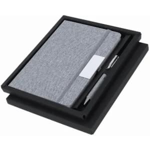 A grey notebook and pen set presented in a black gift box. The notebook features a textured cover.