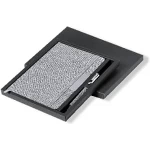 A sleek black notebook with a textured grey cover, presented in a matching box, includes a pen.