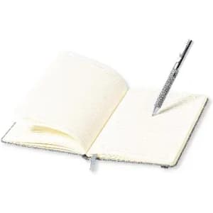 A notebook with a cream-coloured cover and a silver pen resting on a blank page, featuring a branding logo.