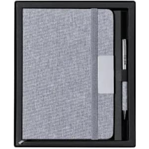 A gift set featuring a grey notebook with an elastic band and a silver pen, presented in a black box.