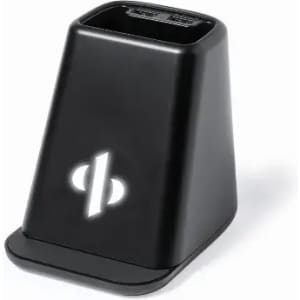 A drink bottle in a sleek black design with a logo on the front and a curved base.