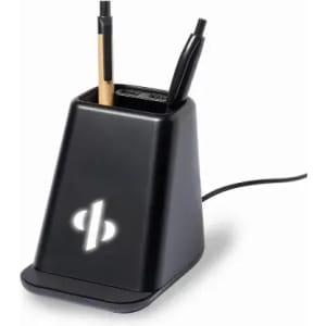 A black pen holder with a sleek design, featuring compartments for pens and a power cable.