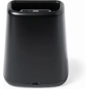 A drink bottle in black with a sleek design, featuring a logo and USB ports at the bottom.