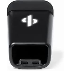 A black charging adapter featuring two USB ports and a branding logo. It's compact and modern in design.