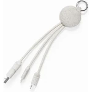 A multi-cable tool in grey with three connectors, featuring a circular attachment for keyring inclusion.