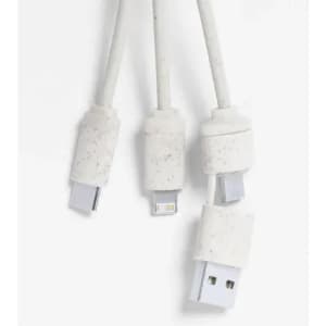 A charging cable with three connectors in white, featuring a textured design and a logo on the connectors.