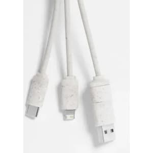A charging cable with three connectors: USB, USB-C, and Lightning. The cable has a white, textured finish.
