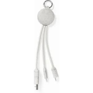 A multi-cable charging accessory in grey with a round connector and three different ends for various devices.