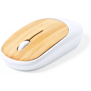 A computer mouse featuring a bamboo top and a white plastic base, showcasing a sleek and modern design.
