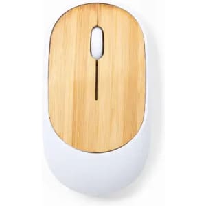 A computer mouse with a bamboo top and white base, featuring a single scroll wheel.