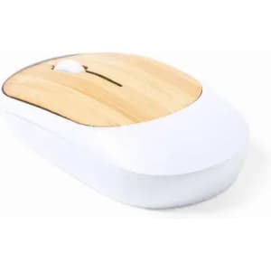 A computer mouse with a bamboo top and a white base, featuring a scroll wheel and a sleek design.