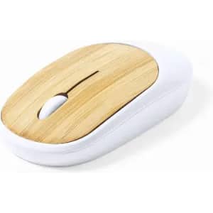 A mouse with a bamboo top and a white base, featuring a smooth design and a central scroll wheel.