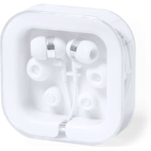 A set of white earphones in a clear square case, featuring different earbud sizes.