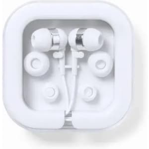 Earbuds in a white case, featuring multiple ear tips for a custom fit. The case has a simple, clean design.