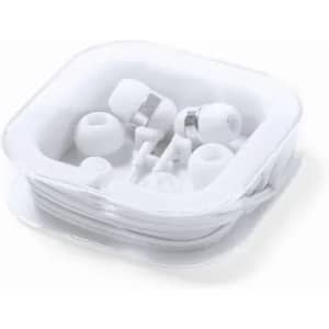 A set of white earphones with multiple earbud sizes, packaged neatly in a clear case.