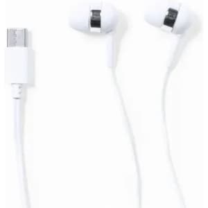 A pair of white in-ear headphones with a USB connector and a sleek design.