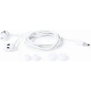 A pair of white earphones with a silver accent and four additional earbud tips in varying sizes.