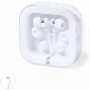 A pair of white earphones in a clear square case. The case has a logo on the front.