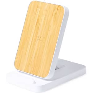 A phone stand with a bamboo surface and a white base, featuring a sleek and minimalist design.