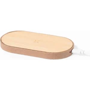 A wireless charger with a wooden surface and a white base, featuring a minimalistic design.