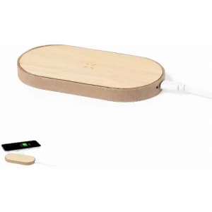 A wireless charger with a bamboo panel and a light wooden base, featuring a charging indicator and a cable.