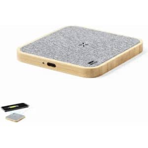 A wireless charging pad with a wooden base and a textured grey surface. It includes a USB-C port for connection.
